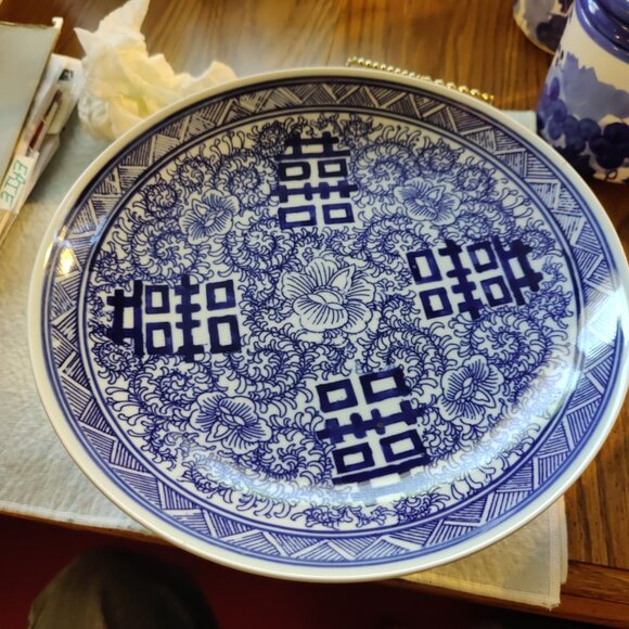 Rep Of China Blu/Whi Double Happiness Porcelain Tazza Offering Plate+Orig Label - Picture 12 of 13